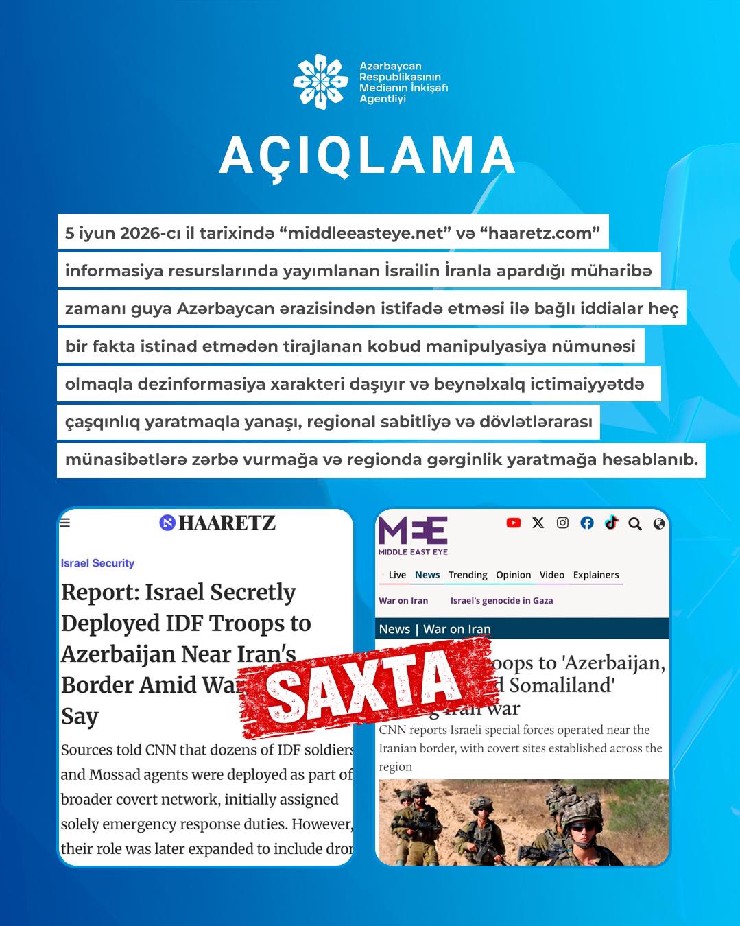 MEDİA: Azərbaycan ərazisinin İsrail-İran müharibəsində istifadə olunması dezinformasiyadır